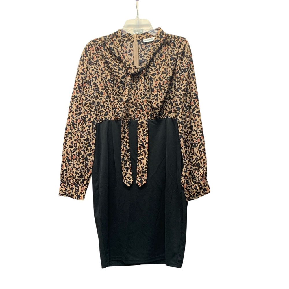 Grace Karin Beige and Black Leopard Print Tie-Neck Dress